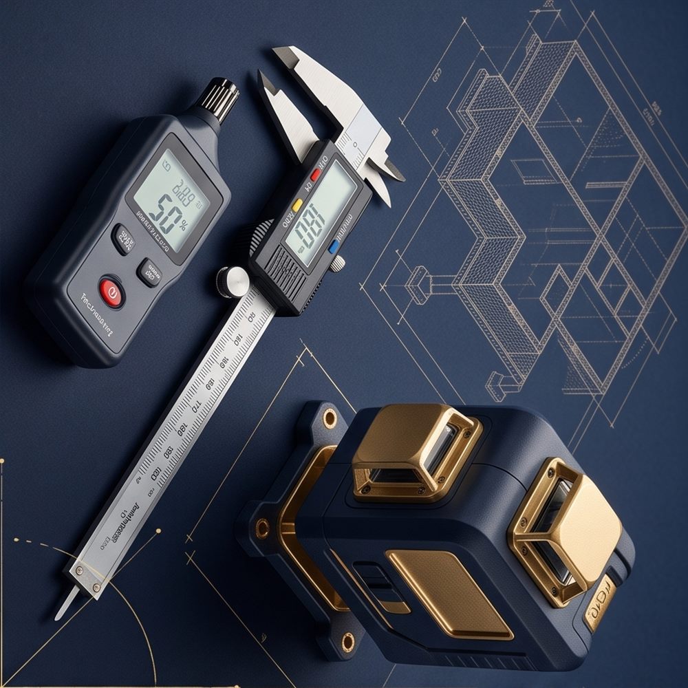 Instrumentos de medição pericial: paquímetro digital, medidor de umidade e nível a laser sobre planta baixa